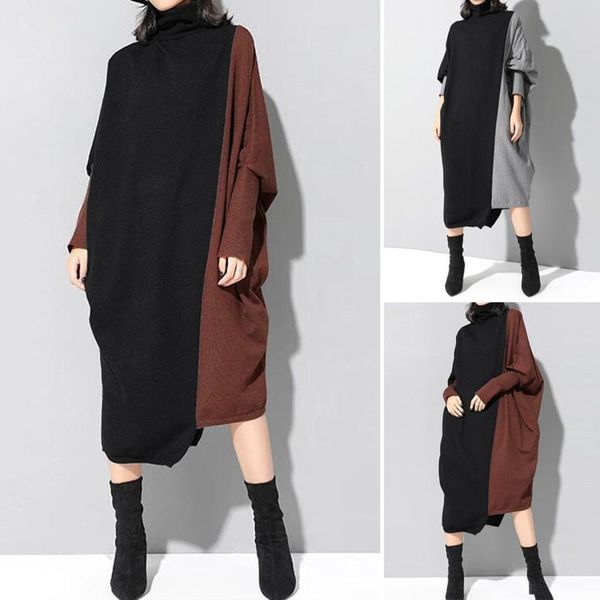 

casual dresses women patchwork knitted dress female long sleeve winter party fashion high neck loose maxi fall vestidos, Black;gray