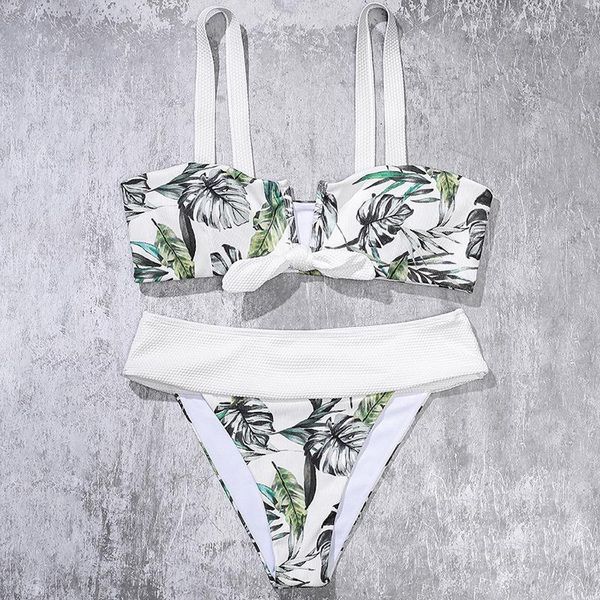 

women's swimwear 2021 leaf print bow bikini summer beachwear split swimsuit female fashion two piece bathwear biquini suit, White;black