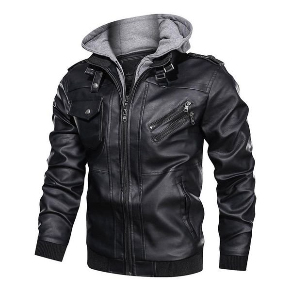 

men's leather & faux winter motorcycle jacket vintage windbreaker hooded jackets male outwear warm biker coats chaqueta hombre s-3xl, Black