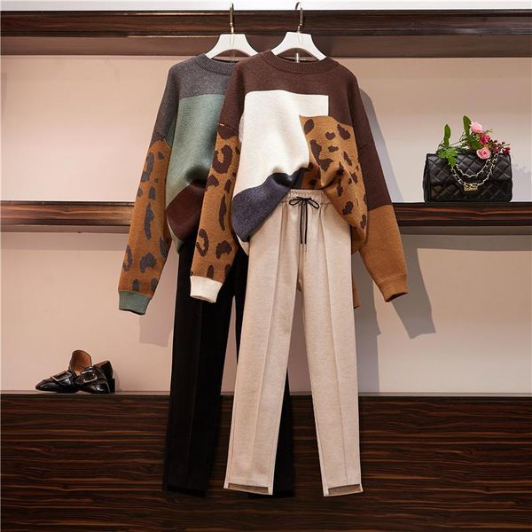 

two piece dress jsxdhk oversize loose sweater 2 set fall winter leopard print patchwork knitted lazy pullovers + pencil woolen pants, White