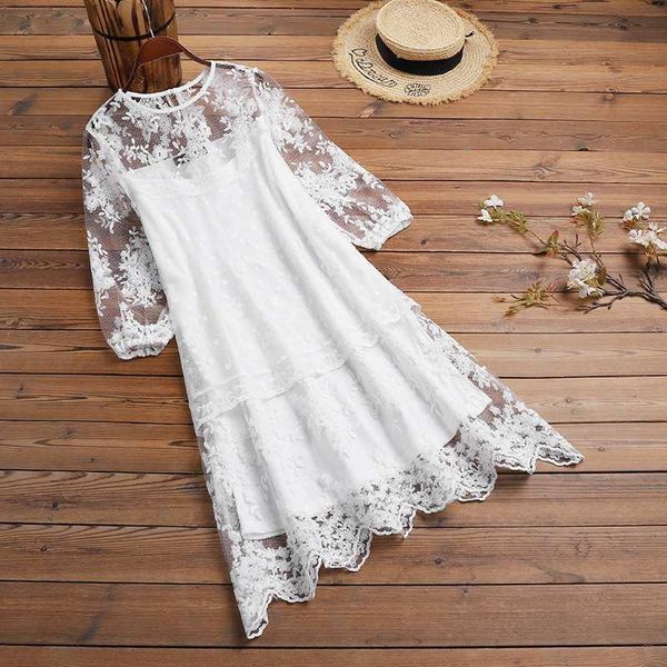 

casual dresses women elegant 3/4 puff sleeve dress 2022 fashion lace patchwork sundress floral crochet kaftan femme o neck holiday ro, Black;gray