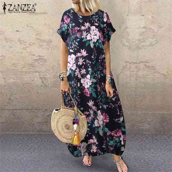 

zanzea 2021 fashion summer beach dress womens printed sundress casual short sleeve maxi vestidos female floral robe oversized, Black;gray