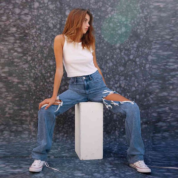 

fashion women long jeans wide leg ripped jeans casual female blue denim pants waist trousers 210524