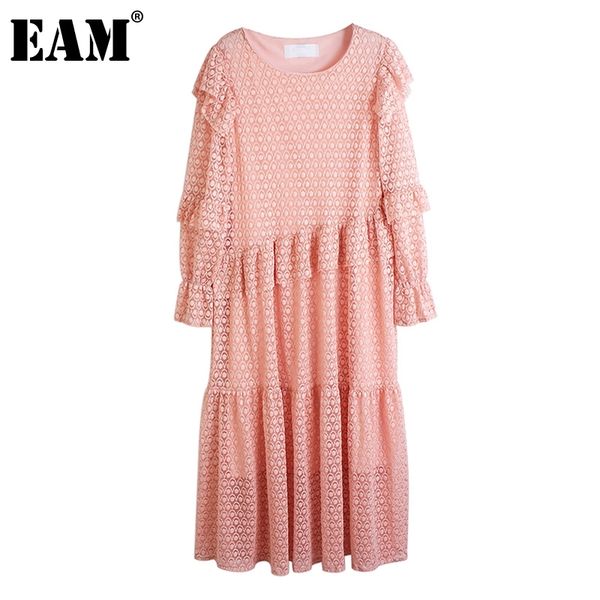 

[eam] women apricot ruffles lace irregular dress round neck short sleeve loose fit fashion spring autumn 1dd7479 21512, Black;gray