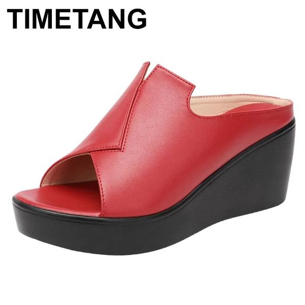 

slippers timetangwomen slipper's ladies summer shoes women wedges heels fashion genuine leather platform, Black