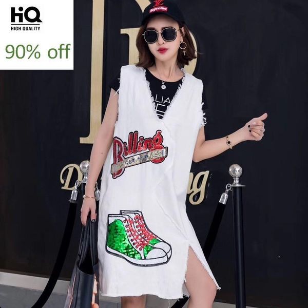 

women's vests 2021 summer brand sequins cartoon patern long sleeveless vest women loose fitness v-neck tassel denim jackets femme size, Black;white