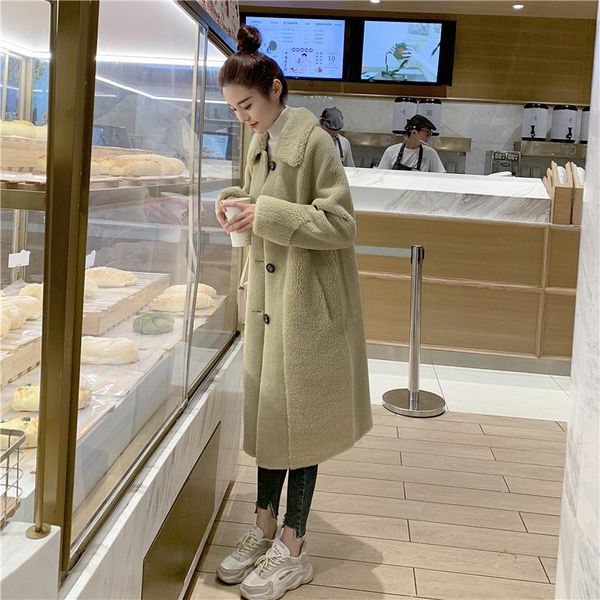 

women's fur & faux women 2021 winter fashion sheep sheared coat female medium long real lamb outwears ladies single breasted warm overc, Black