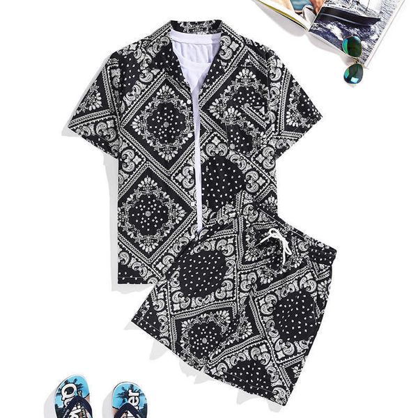

summer hawaiian two piece set shirts for men plant flower african print shirt + shorts casual suit beach wear 210527, White;black