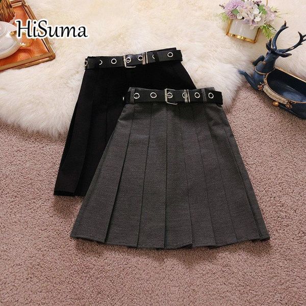 

summer women's high waist college style belt skirt female chic pleated skirts, Black
