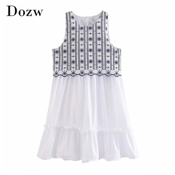 

women fashion patchwork embroidery mini dresses summer sleeveless ruffle cotton dress vintage o neck casual sundress 210414, Black;gray
