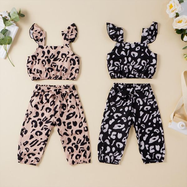 

summer kids baby girls leopard suit sleeveless elastic head bowknot waist pants casaul clotehs set, White