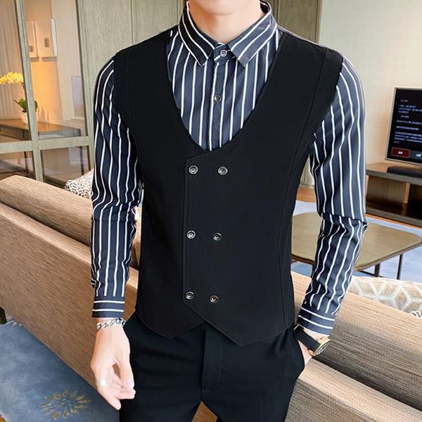 

men's casual shirts wedding long sleeve formal striped men double breasted slim fit male korean shirt fake two design patchwork shirt+v, White;black