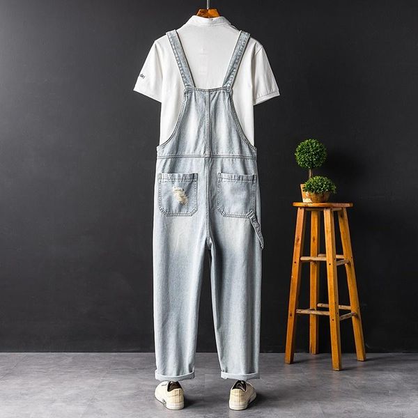 

men's jeans summer brand fashion hole ripped mens denim jumpsuits casual pockets patchs loose sleeveless suspender male cargo overalls, Blue