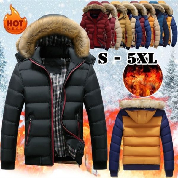 

men's thick et, fur collar coat, casual, warm, outdoor, thick, wool, hoodie, 2021, Black