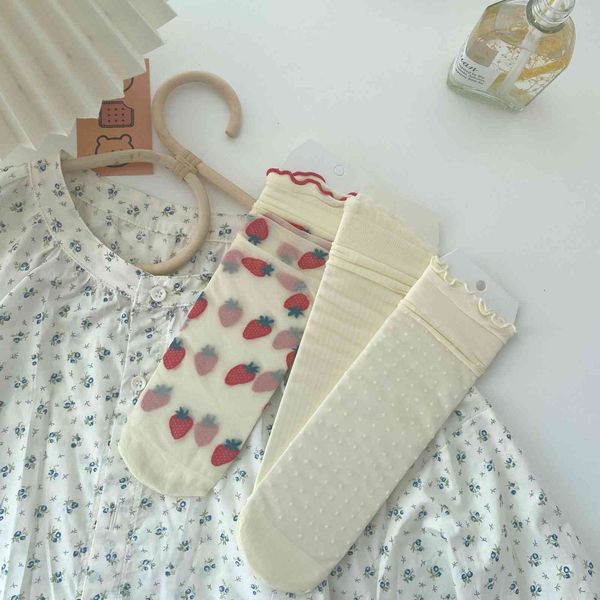 

socks hosiery summer thin transparent silk strawberry jk lolita lace ear side stockings children lovely breathable veet, Black;white