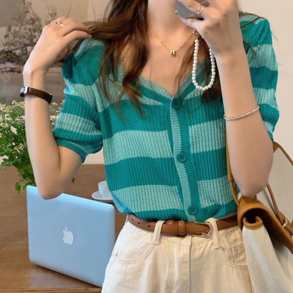 

women's knits & tees summer striped knitted crop women 2021 korean style v-neck single breasted short sleeve knit cardigans vintage, White