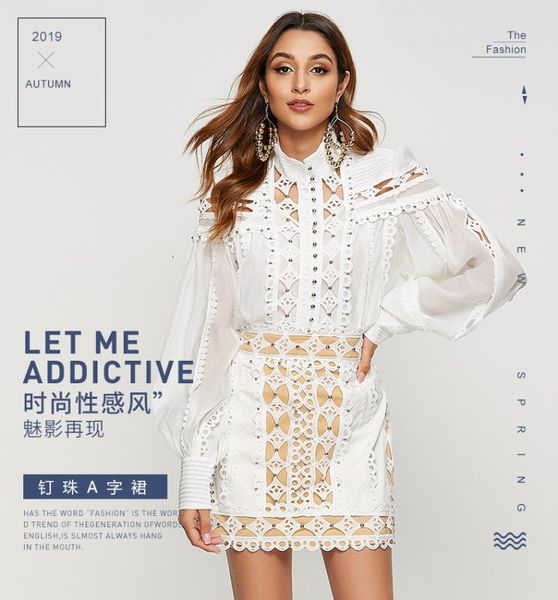 

women's blouses & shirts summer fashion beading patchwork women blouse stand collar lantern sleeve hollow out shirt female1 updi, White