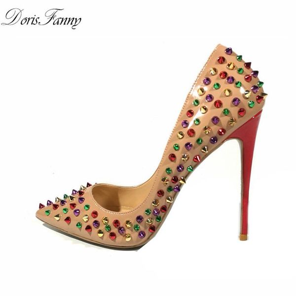 

dorisfanny patent leather shoes women pumps pointed toe high heels wedding colored studded size 34=45 dress, Black