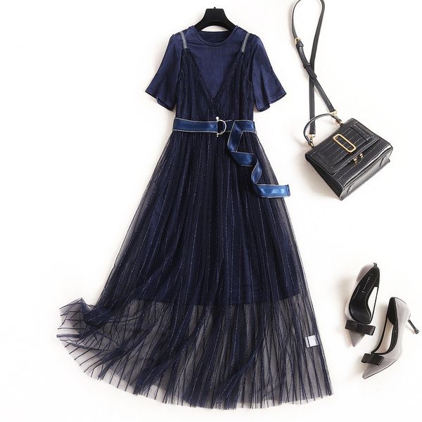 

casual dresses summer short sleeve round neck blue long t-shirt + spaghetti strap belted pleated mid-calf two piece 2 pieces set oj23f477 0h, Black;gray