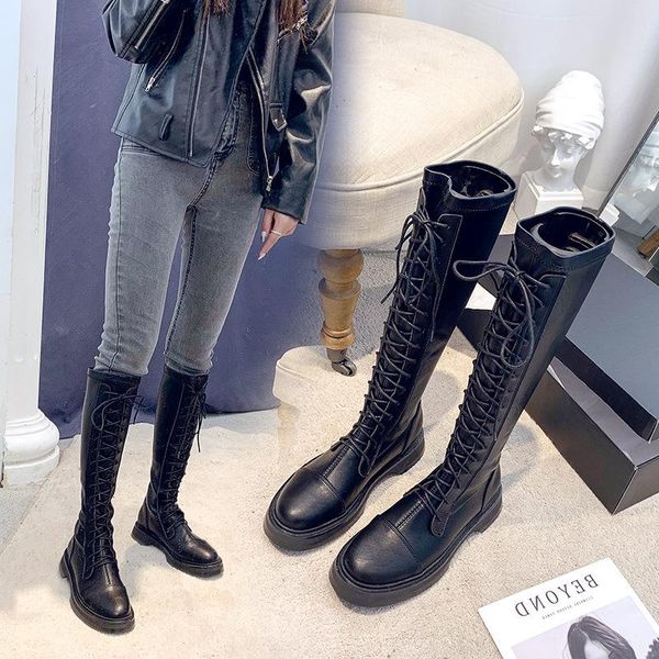 

boots strap leather knee-high warm women's 2021 autumn high, Black