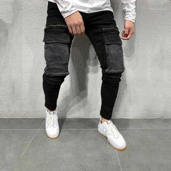 

men's jeans high street denim pencil pants spring male skateboard casual slim trousers mens skinny fashion trend big pocket zipper 2oiy, Blue
