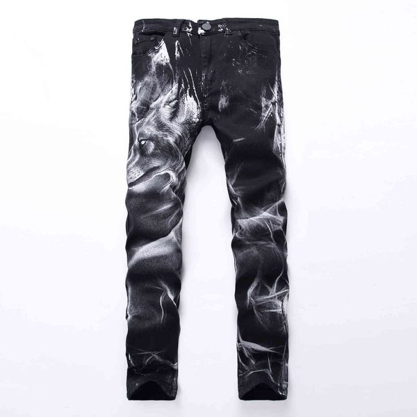 

fashion boutique pants men's wolf head printed pattern black jeans