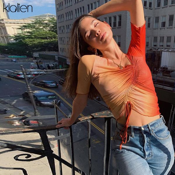 

t shirt fashion casual mesh female t-shirt 2021 new simple print pink slim stretch drawstring wild basic women clothes, White