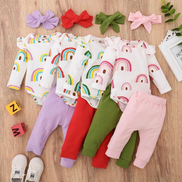 

jumpsuits baby clothes girl romper infant girls boys long-sleeved rainbow floral print romper+soild pants set, Blue