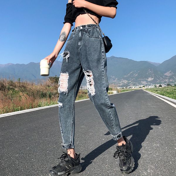 

2011New Korea Fashion Vintage Ripped Boyfriend Jeans For Women Fashion High Waist Blue Jeans Plus Size Jeans 4XL 5XL Pantalones