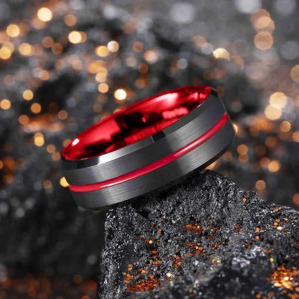 

wedding rings 2021 classic 8mm men's red groove beveled edge black tungsten men brushed male bridal engagement ring, Slivery;golden