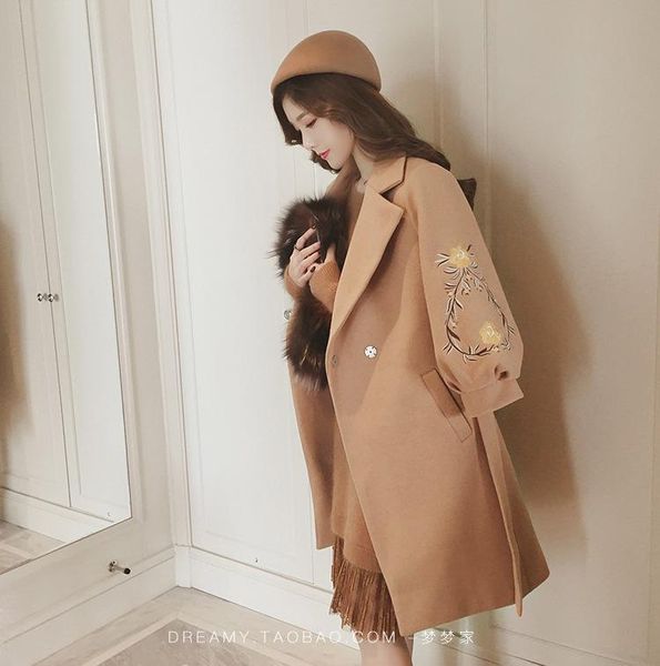 

women's wool & blends office lady long winter fashion coats lantern sleeve blend coat and jacket embroidery floral femenino, Black