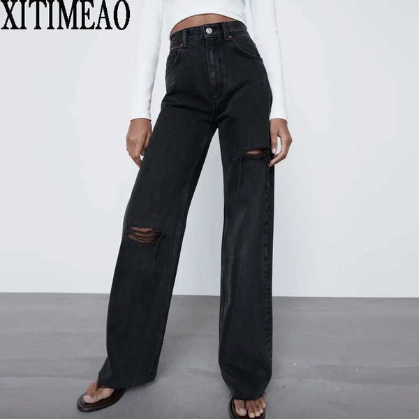 

za high waist loose comfortable jeans for women fashionable casual straight pants basic black hole xitimeao 210604, Blue