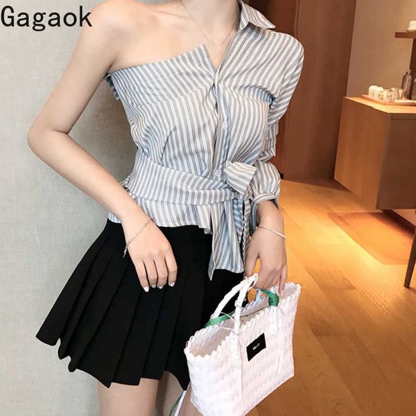 

women high street blouse spring autumn striped sashes lantern sleeve slim wild chic female fashion shirt 210531, White