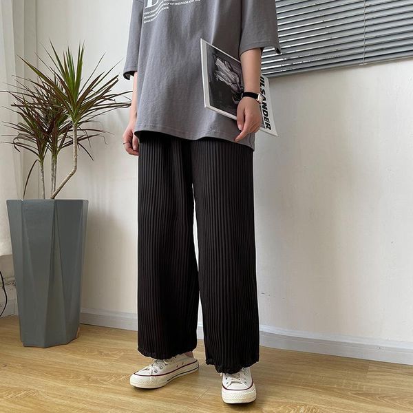 

men's pants summer 2021 wide leg casuals mid-waist loose slug down the old style thin straight, Black