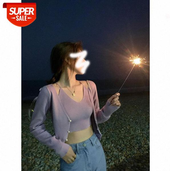 

[goddess descends] thin cardigan jacket women knitted camisole two-piece female short #fy3z, Black;gray