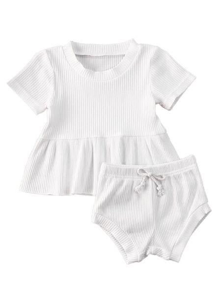 

baby summer clothing infant born girls 2pcs set ribbed outfits short sleeve shirt dress shorts bottoms outfit 0-24m sets, White