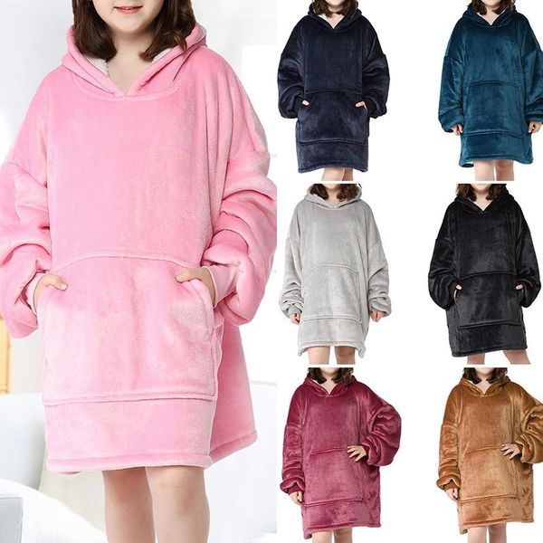 

women's sleepwear winter warm tv hooded blankets sofa cozy coral fleece hoodie bathrobe weighted with sleeves outwears for kid blanket, Black;red