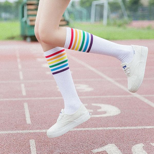 

luxury rainbow stripe knee long socks woman cotton fashion colorful female leg vintage hiphop skateboard sock & hosiery, Black;white