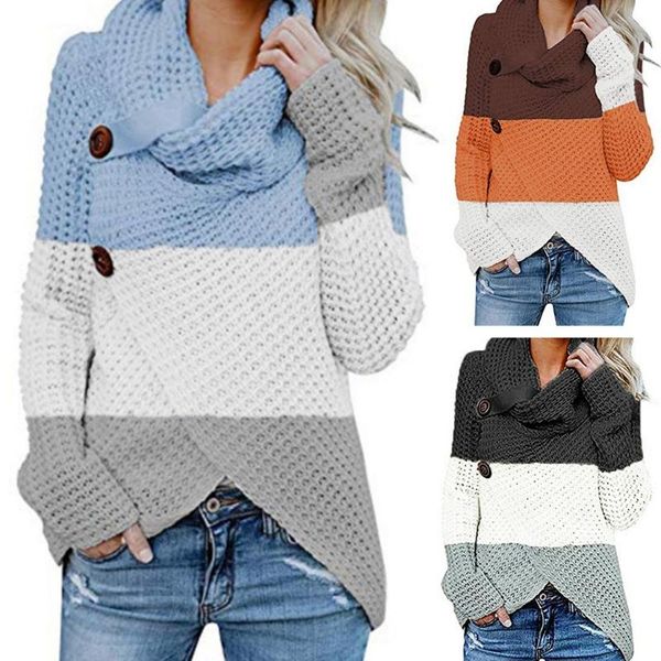 

women long sleeve chunky sweater turtle cowl neck button pullover color block striped asymmetric hem wrap jumper women's sweaters, White;black