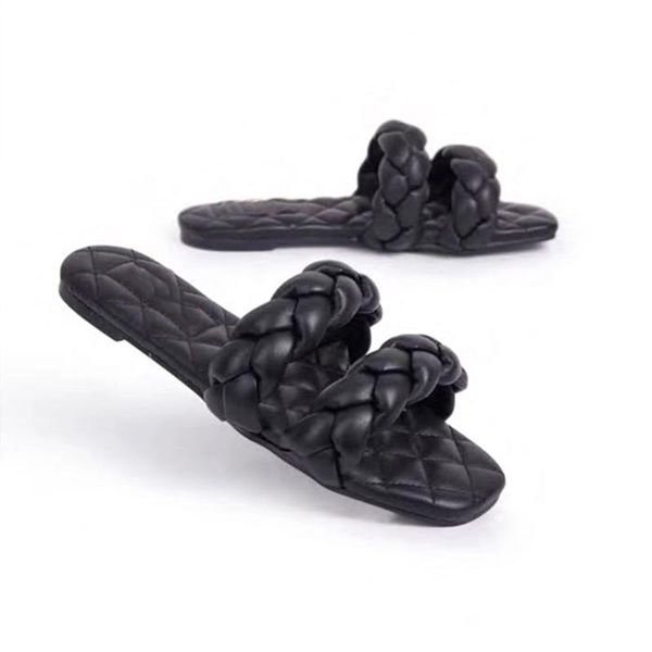 

slippers women summer ladies square toe sandal slipper casual flip flops beach weave flat shoes female slip on shoe fashion, Black