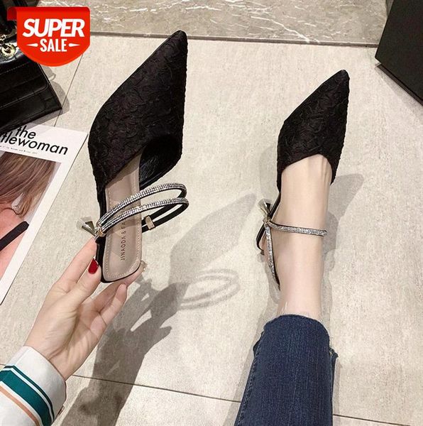 

pointed toe rhinestone half support shoes baotou drag stiletto two-wear high heels fitting women's shoe batch #ut1j, Black