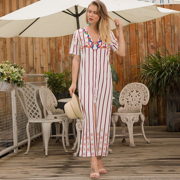 

summer women's front split button short sleeve v-neck striped long dress, Black;gray