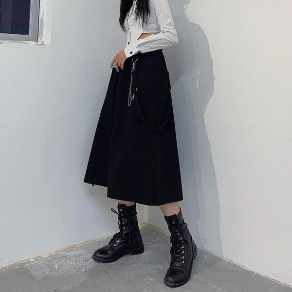 

lychee girls black a-line long skirts solid color chain pocket high waist skirt punk autumn lady streetwear