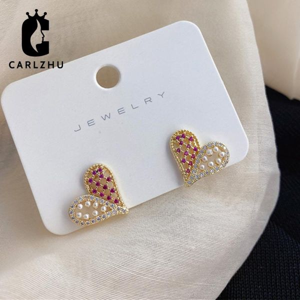 

stud multicolor zircon simulated pearl love heart earrings for women romantic fashion ear jewelry pendientes brinco gift, Golden;silver