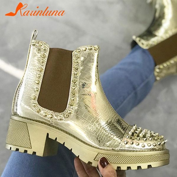 

boots karin dropship gold sliver rivet round toe punk square thick heels elastic band autumn ankle female, Black