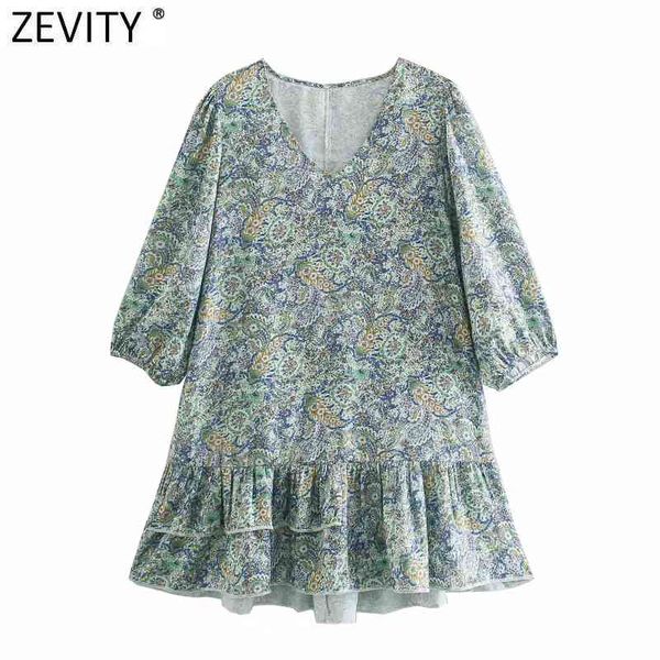 

zevity women vintage v neck floral print casual straight mini dress chic female lantern sleeve hem ruffles kimono vestido ds8103 210419, Black;gray