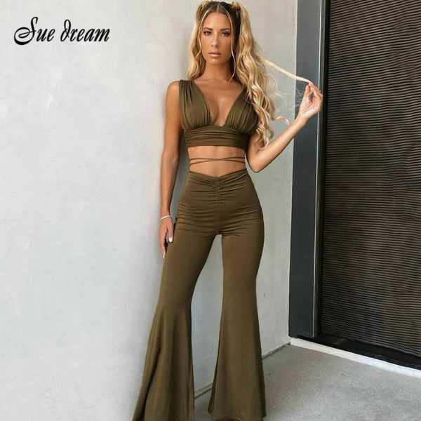 

women's two piece pants women solid color set sleeveless drawstring +high waist flared trousers pant sets lady, White