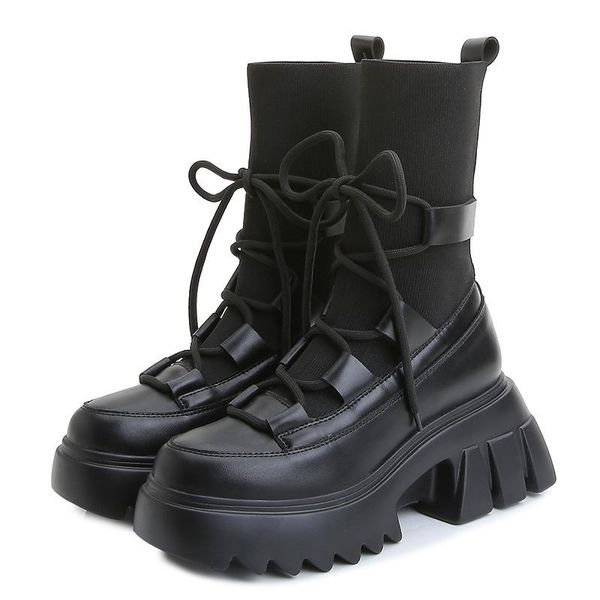 

boots chunky sneakers motorcycle women high socks causal shoes elastic knit casual platform zapatos de mujer, Black