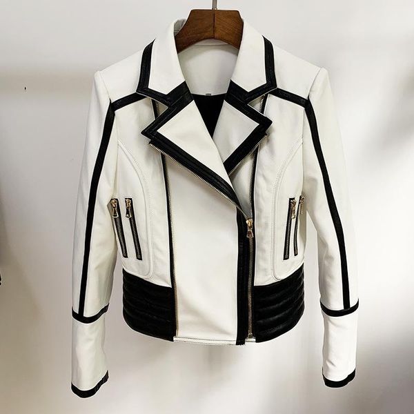 

women cool zipper contrast color turn down collar sheath slim pu leather moto & biker coat jacket blazer women's jackets, Black;brown