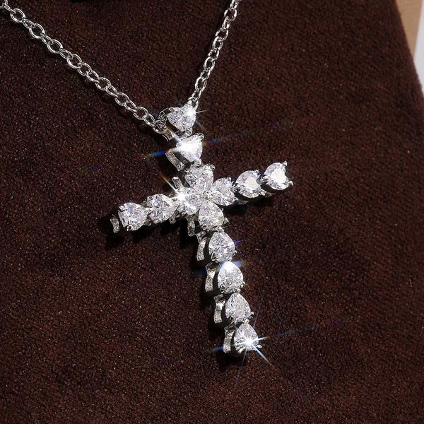 

pendant necklaces delicate crystal heart cross pendent for women shiny cz fine anniversary gift fashion versatile female necklace, Silver